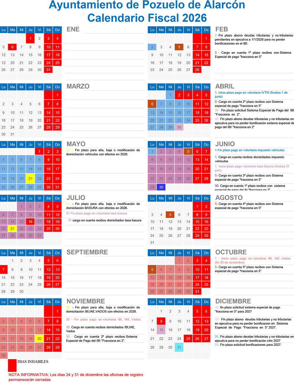 Calendario fiscal del ejercicio 2026